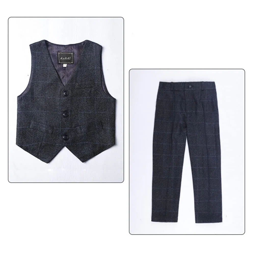 DAIHAN Traje Comunión de Tweed de niño Actuación Cumpleaños Fiesta de Bodas Traje de Fiesta de Esmoquin Pantalones de Chaqueta de Solapa con Pajarita Conjunto de Trajes de Bautizo de Caballero