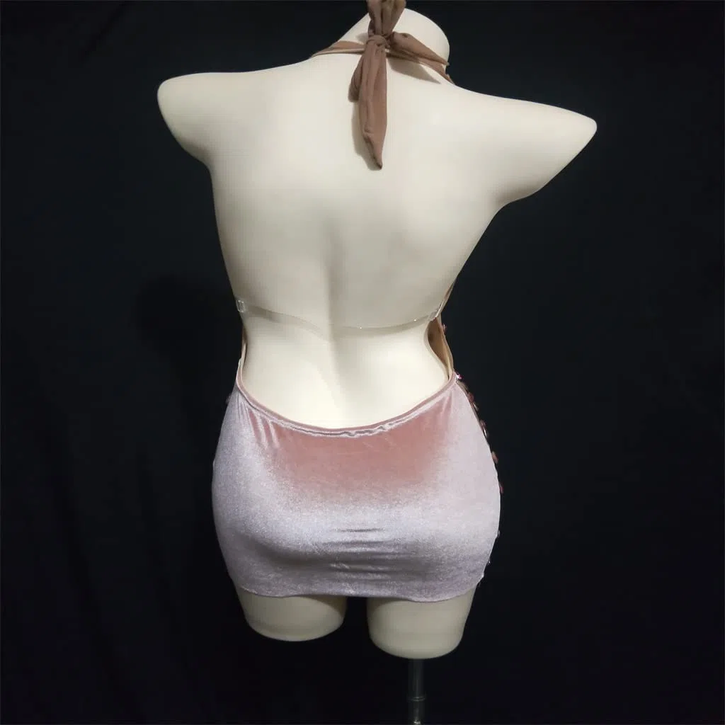 YYDS Vestido corto transparente con pedrería, vestido de baile de mujer con cuello de barco, sin espalda, vestido de noche