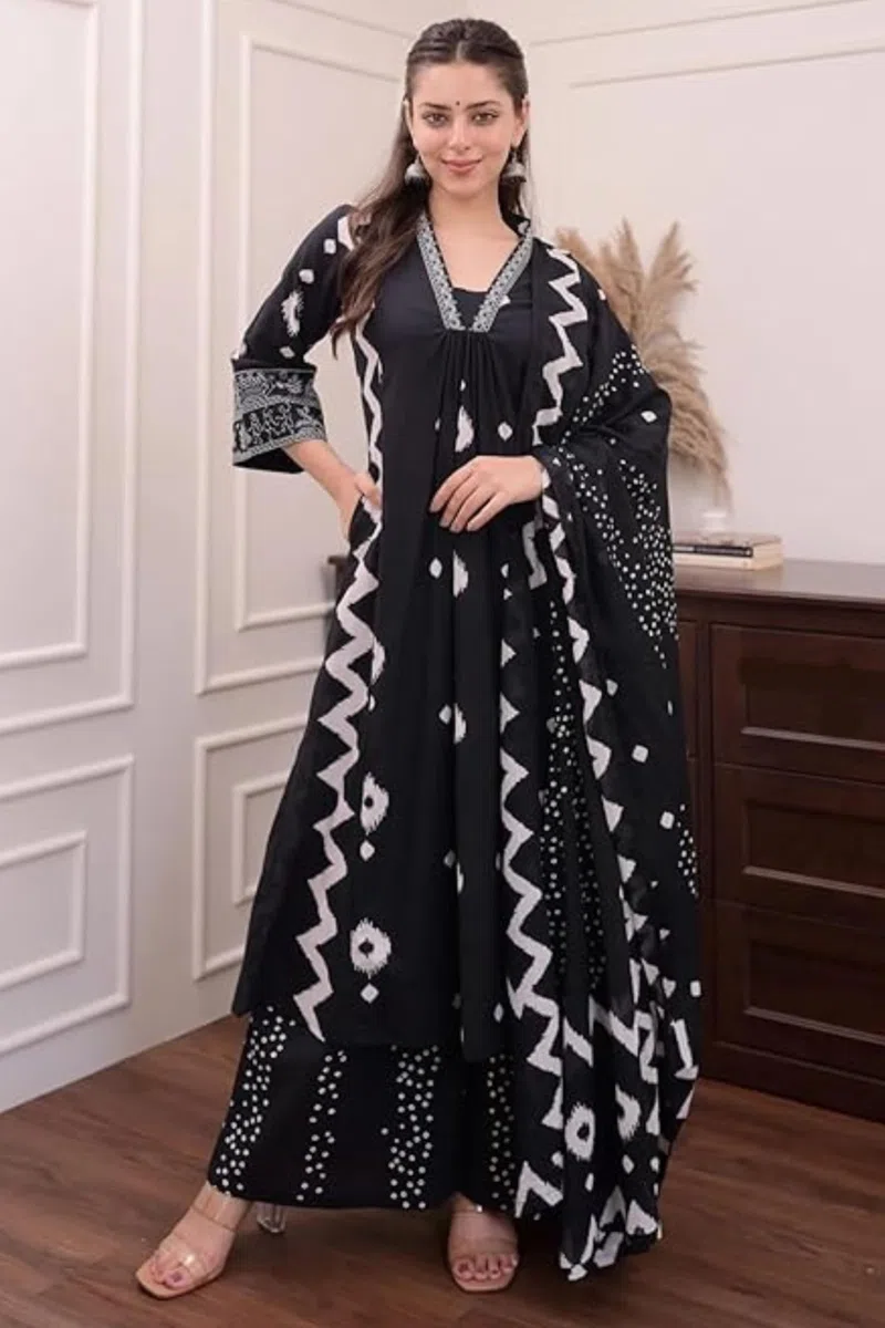 Jaanvi fashion Conjunto de kurta y pantalón de algodón puro con estampado floral para mujer con Dupatta