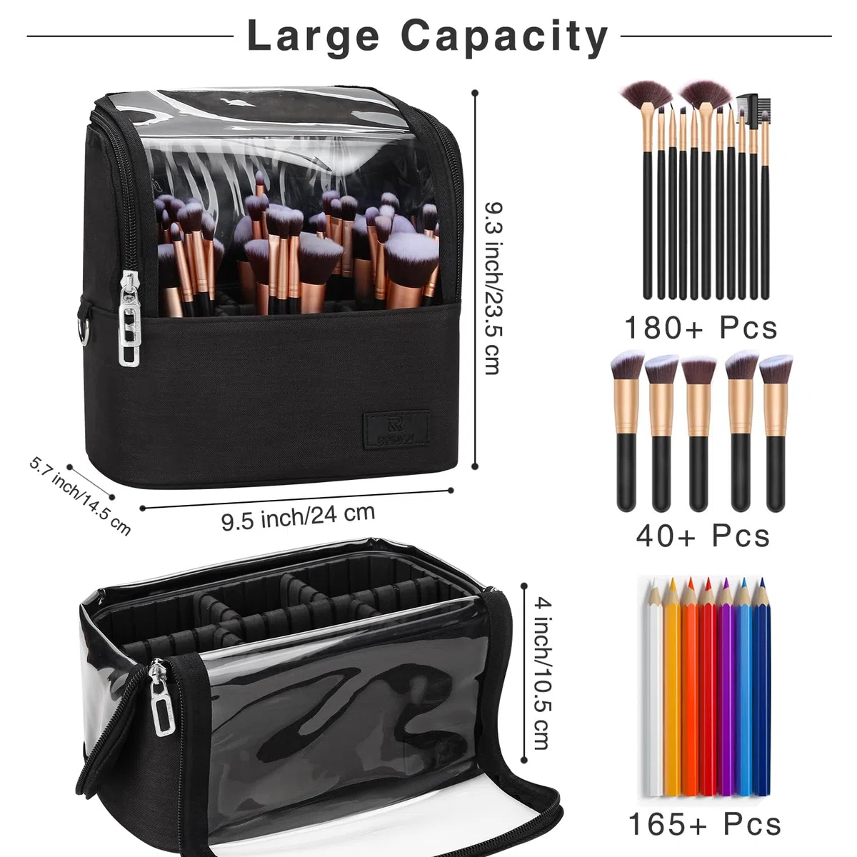 Neceser de maquillaje, bolsa para pinceles de maquillaje, organizador de maquillaje, bolsa de aseo de pie, resistente al agua, maletín de cosméticos con divisor ajustable, para mujeres y niñas
