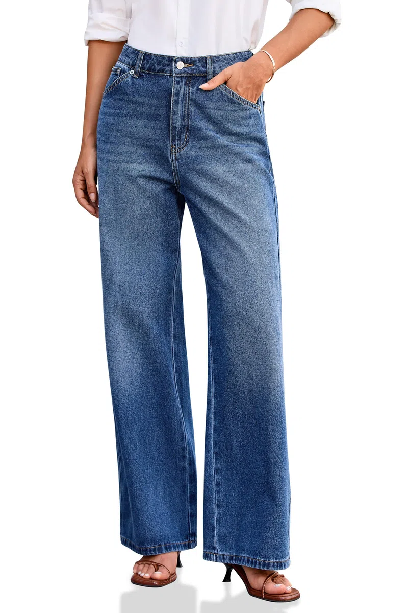 Cicy Bell Pantalones vaqueros de cintura alta para mujer, pantalones vaqueros holgados, pantalones de mezclilla tipo boyfriend con pierna ancha y bolsillos