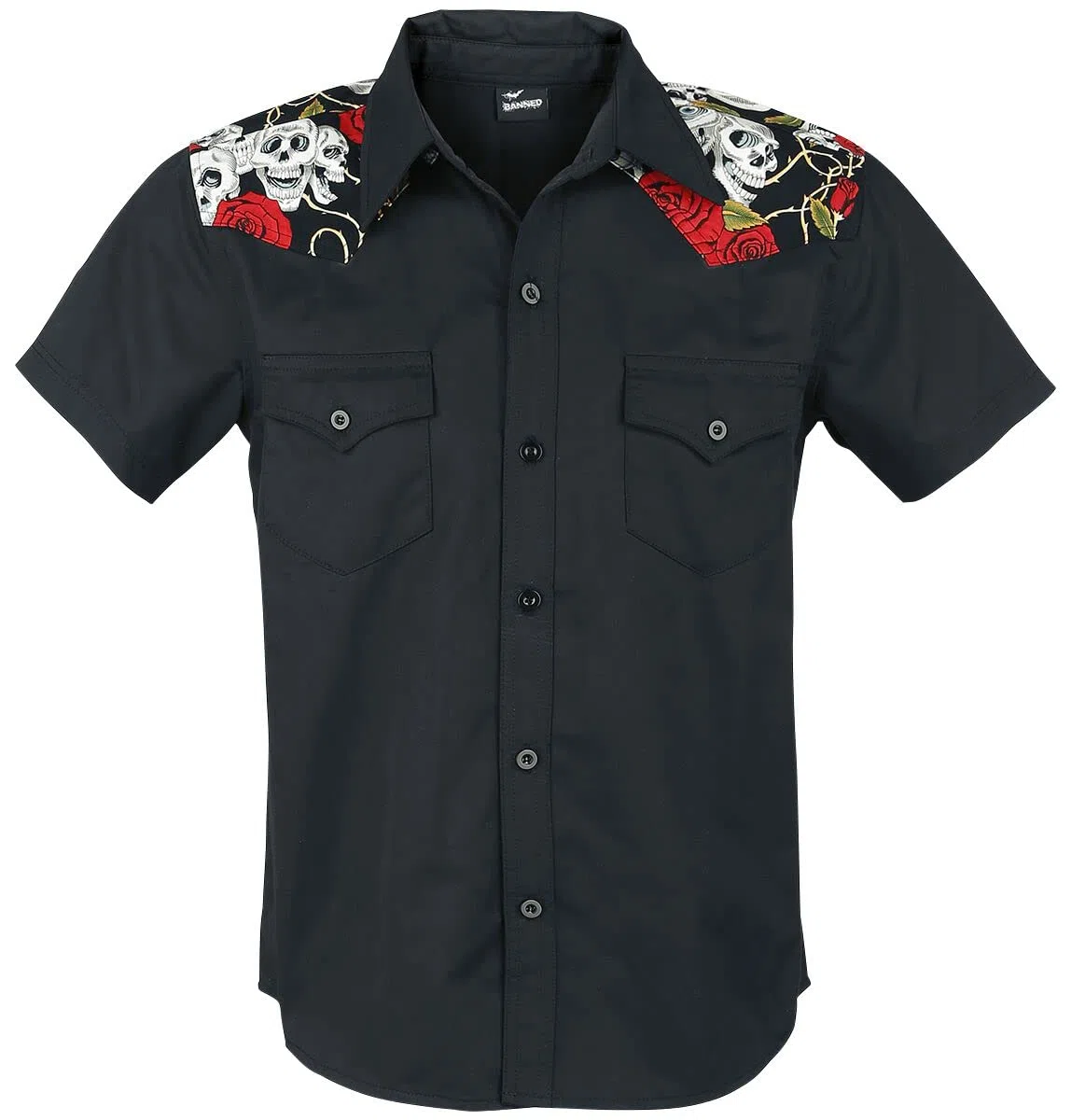 Banned Alternative Skull Rose Hombre Camisa Manga Corta Negro 60% poliéster, 40% algodón Regular