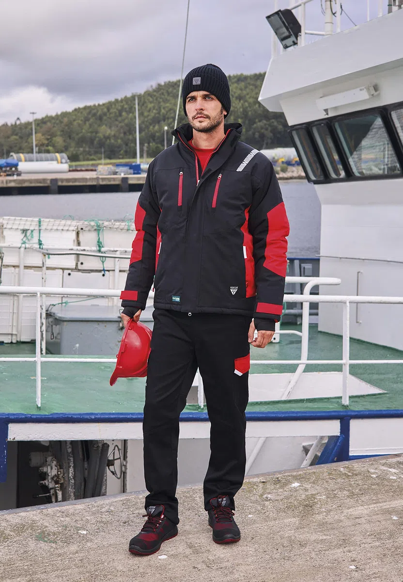 Teamwork WORKTEAM Parka con capucha combinada y detalles reflectantes, Acolchada. Ideal para trabajo, tiempo libre, etc. Unisex Negro+Rojo-XXL
