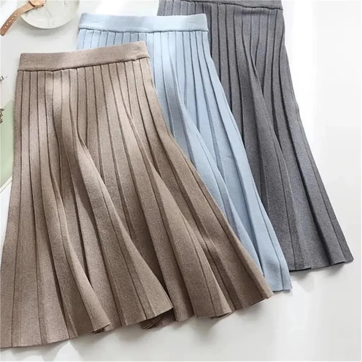 Falda de Punto Mujer Falda Midi de Punto for Mujer, Falda Larga Plisada Cintura Alta, Elegante, Negra, Corte en A, Primavera, Otoño e Invierno