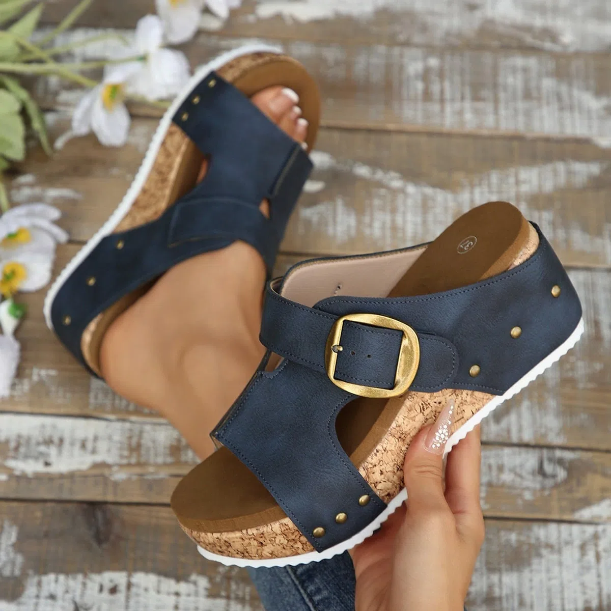 Genérico Chanclas con Cuña para mujer con hebilla y gruesa de tamaño, nuevas sandalias de playa con punta abierta y hebilla para Casual Senderismo