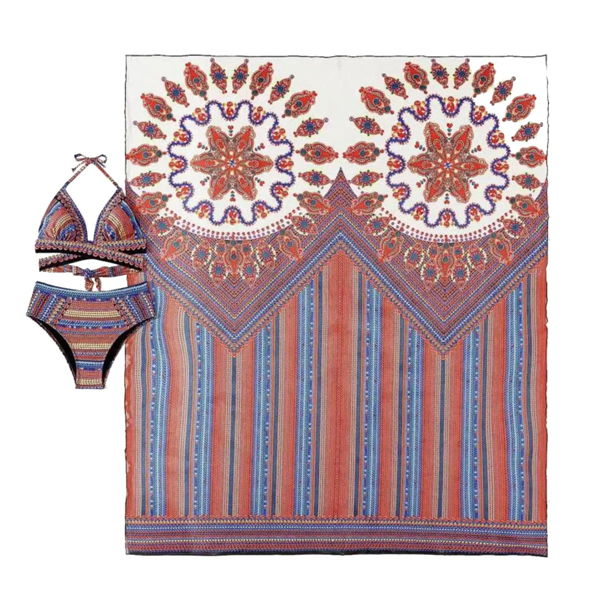 Conjunto Bikini 3 Piezas Boho Mujer, Traje baño con Salida Playa Malla, Halter Tirantes Finos, Estampado Floral, Cuello V, Copa Triangular, Lazo Espalda