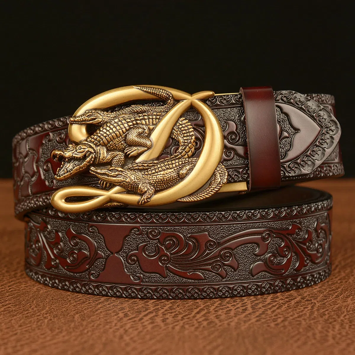 Cinturón De Trinquete Deslizante En Relieve Vintage Occidental Con Hebilla Automática Ajustable - Negro (cintura 120 Cm / 40 "-42")