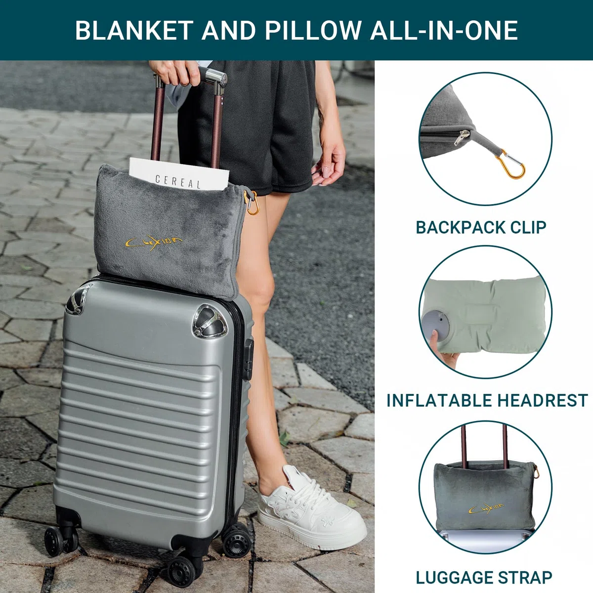 Almohada de viaje suave 3 en 1, manta de avión para viajes largos, esencial con funda de almohada para bolsa, funda de equipaje de mano y clip para mochila (gris)