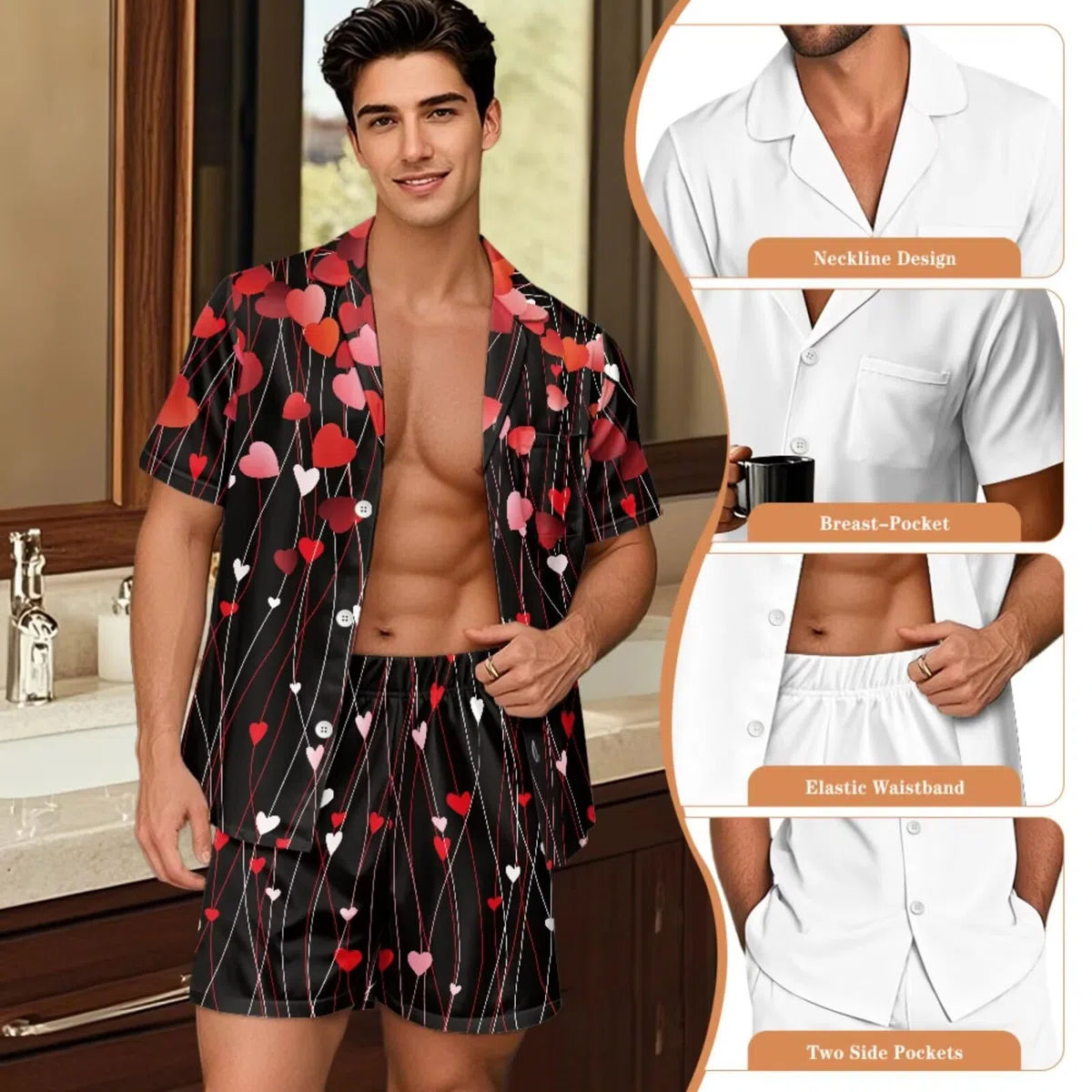 Conjunto de pijama a juego para parejas, de manga corta, con botones, ropa de dormir, Corazones rojos, XL