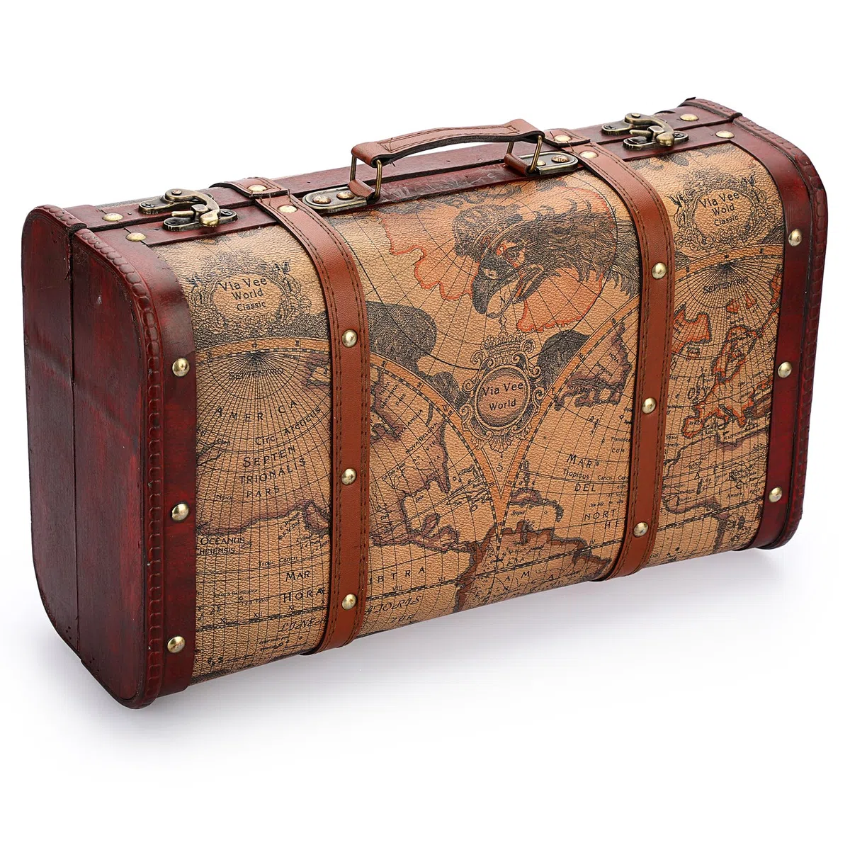 ELLDOO Baúl de almacenamiento de madera vintage, maleta de equipaje decorativa portátil, caja del tesoro con patrón de mapa, caja de recuerdos pirata para regalos, caja de almacenamiento de pecho para
