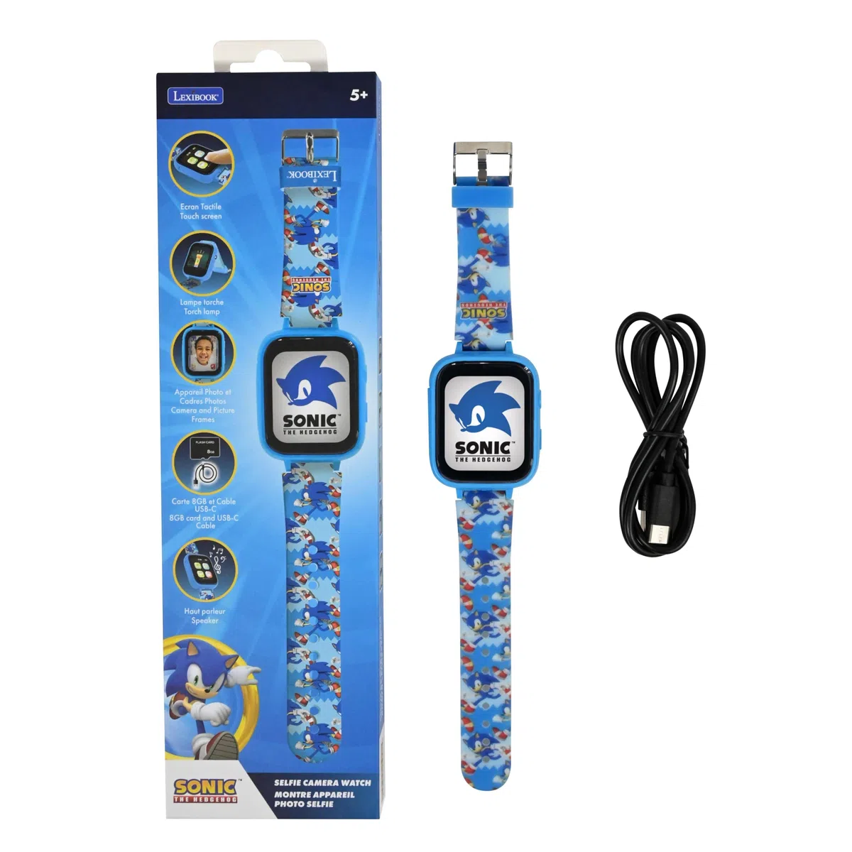 LEXIBOOK, Sonic, Reloj con Cámara, DMW070SNLXB | Pantalla táctil HD, cámara, MP3, altavoz, podómetro, 5 juegos