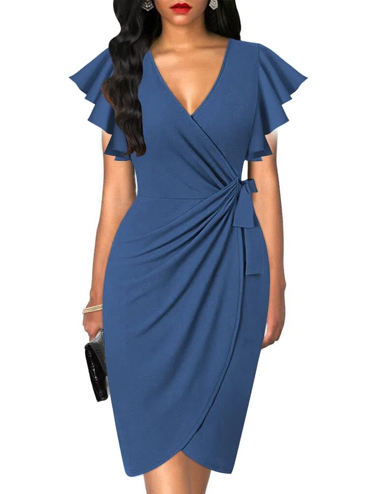 oten - Vestidos de Efecto Cruzado con Escote en Pico Pronunciado y Mangas con Volantes, para cóctel y Trabajo.
