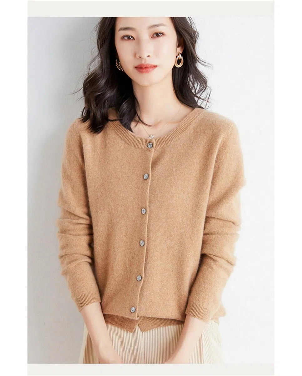 Cárdigan De Punto De Lana con Cuello Redondo para Mujer, Chaqueta De Punto con Botones, Fina, Holgada, De Manga Larga, para Primavera Y Otoño