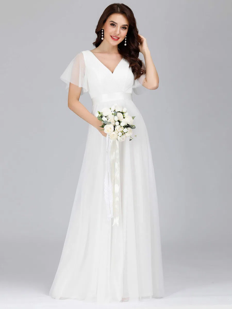 Ever-Pretty A-línea Tul Vestido de Noche Manga Corta Cuello en V Largo para Mujer 07962