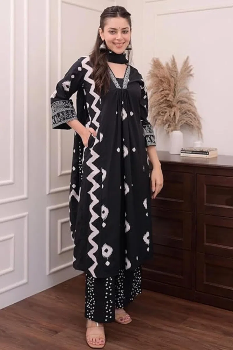 Jaanvi fashion Conjunto de kurta y pantalón de algodón puro con estampado floral para mujer con Dupatta