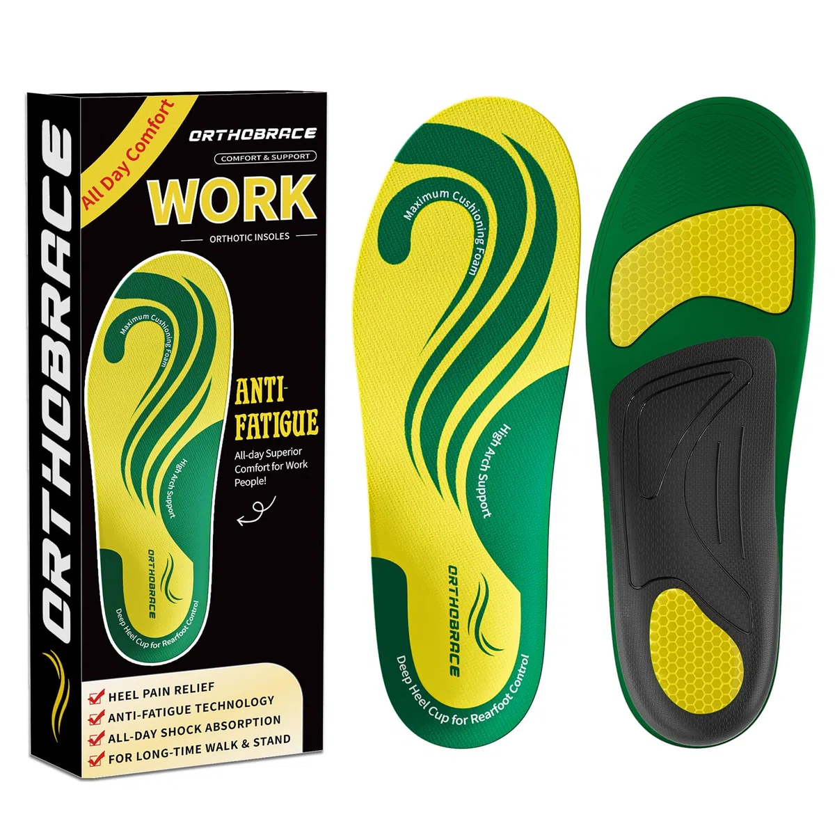 Orthobrace Plantillas para botas de trabajo para todo el día, absorción de golpes, antifatiga, soporte de arco medio y alto, para hombres y mujeres, alivia el dolor de pies, plantillas de trabajo