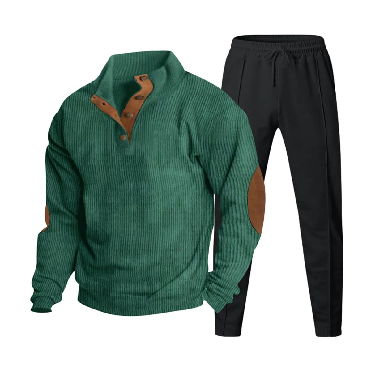 Conjunto de chándal de pana para hombre, 2 piezas, sudaderas y pantalones | Conjunto deportivo de gimnasio con cuello alto y botones para correr, a la moda