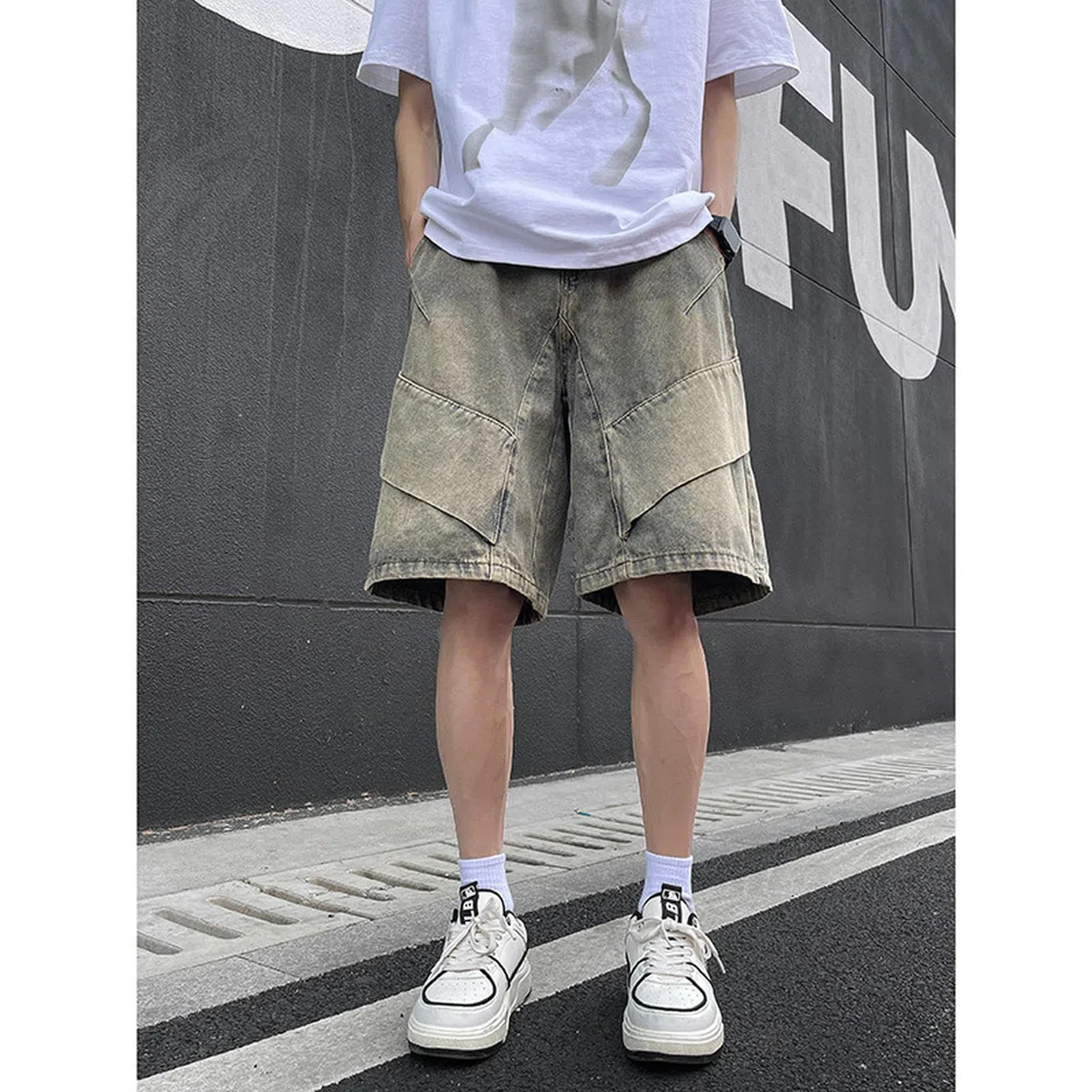 Pantalones Vaqueros Finos de Verano, Pantalones Casuales Sueltos de Calle Alta, Pantalones de Cinco Puntos, Pantalones de Hombre no elásticos, Gris Cemento, S