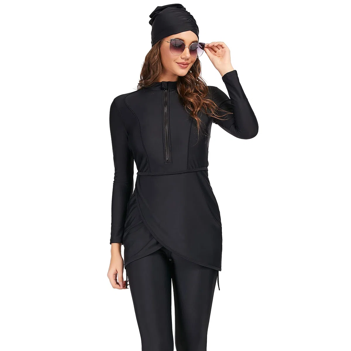 Odizli Trajes de baño musulmanes para mujer, Burkini, modesto, traje de baño de manga larga, estampado floral, brasier integrado, tops de natación + traje de baño Hijab
