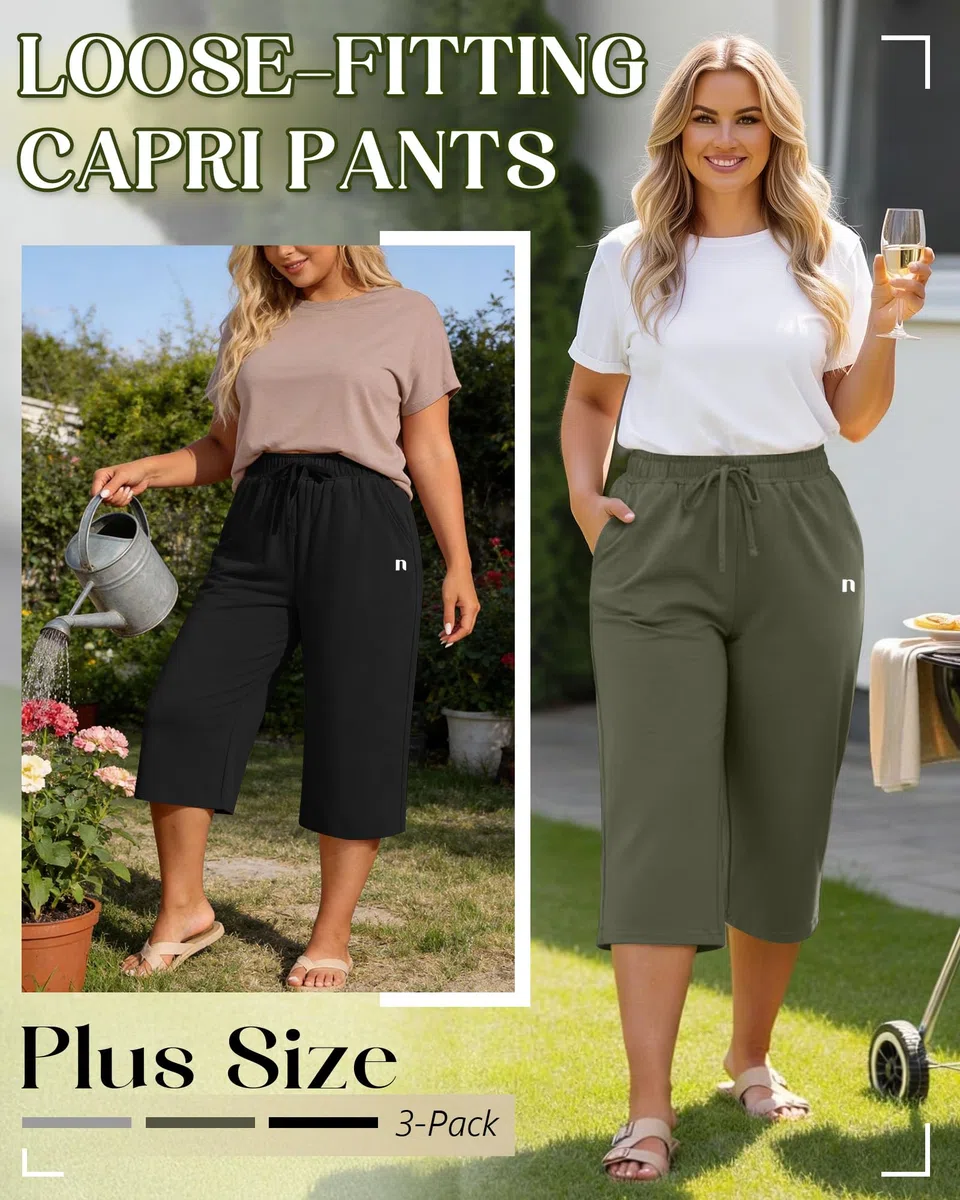 Neer Paquete de 3 Pantalones Capri de Talla Grande para Mujer, de Pierna Ancha y Corte Holgado, Estilo Casual, con Bolsillos