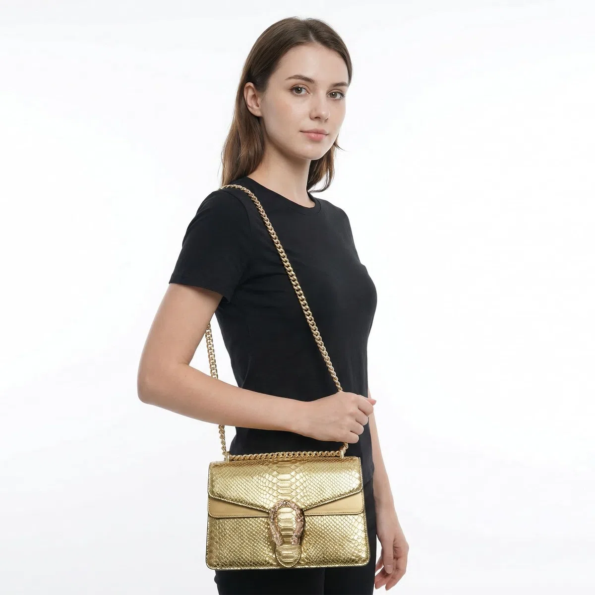 Bolso bandolera y de mano, de piel sintética, de mujer, con estampado de serpiente clásico, con cadena.
