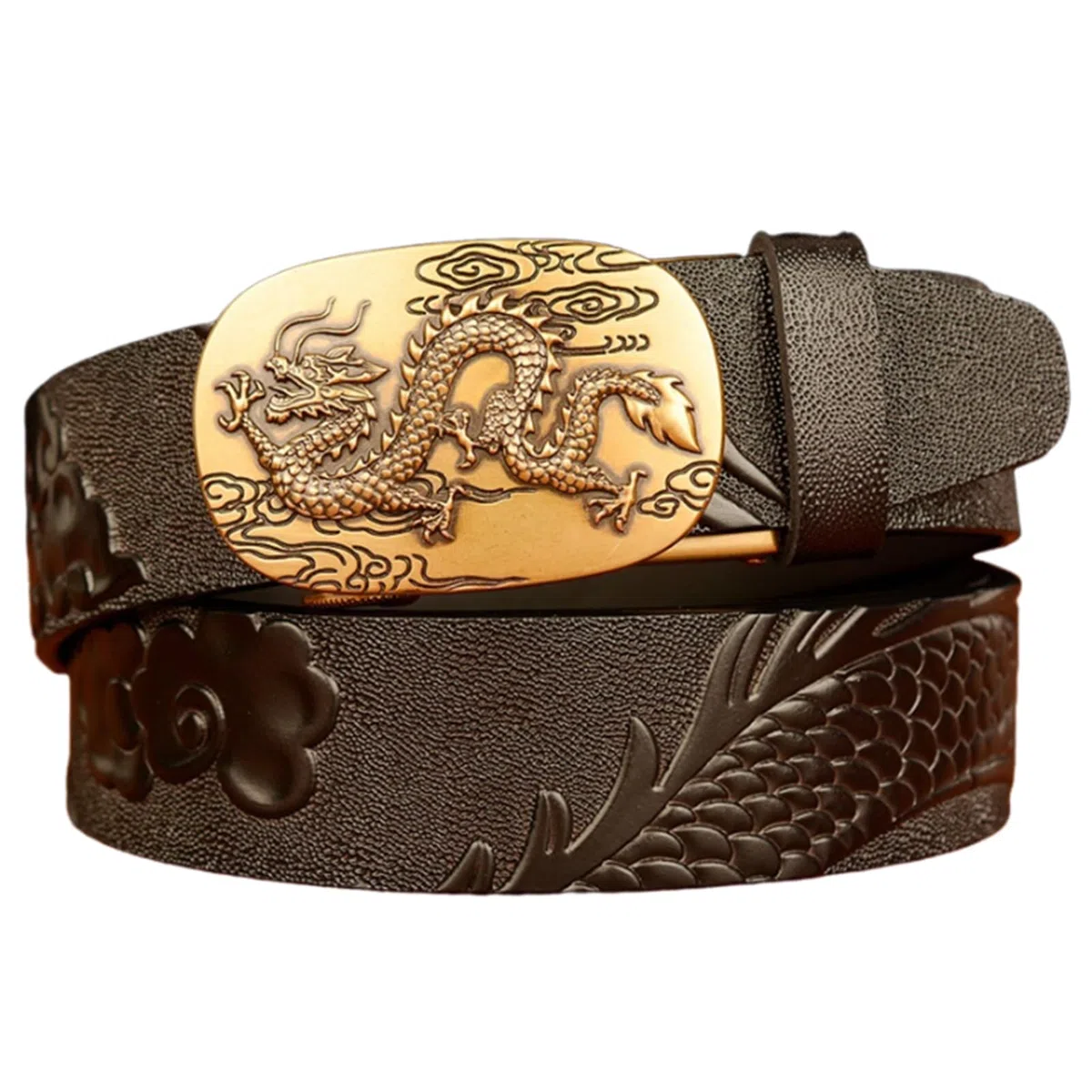 Cinturón De Vestir De Carraca para Hombre Hebilla Automática Deslizante Dragón Tallado Occidental En Relieve Cuero De Vaca De Grano Completo Correa De Grueso(125cm/49, Dragon-I)