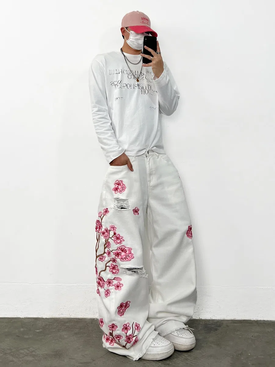 Pantalones de mezclilla holgados para hombre, estilo hip hop, bordados, pierna ancha, pantalones de mezclilla holgados