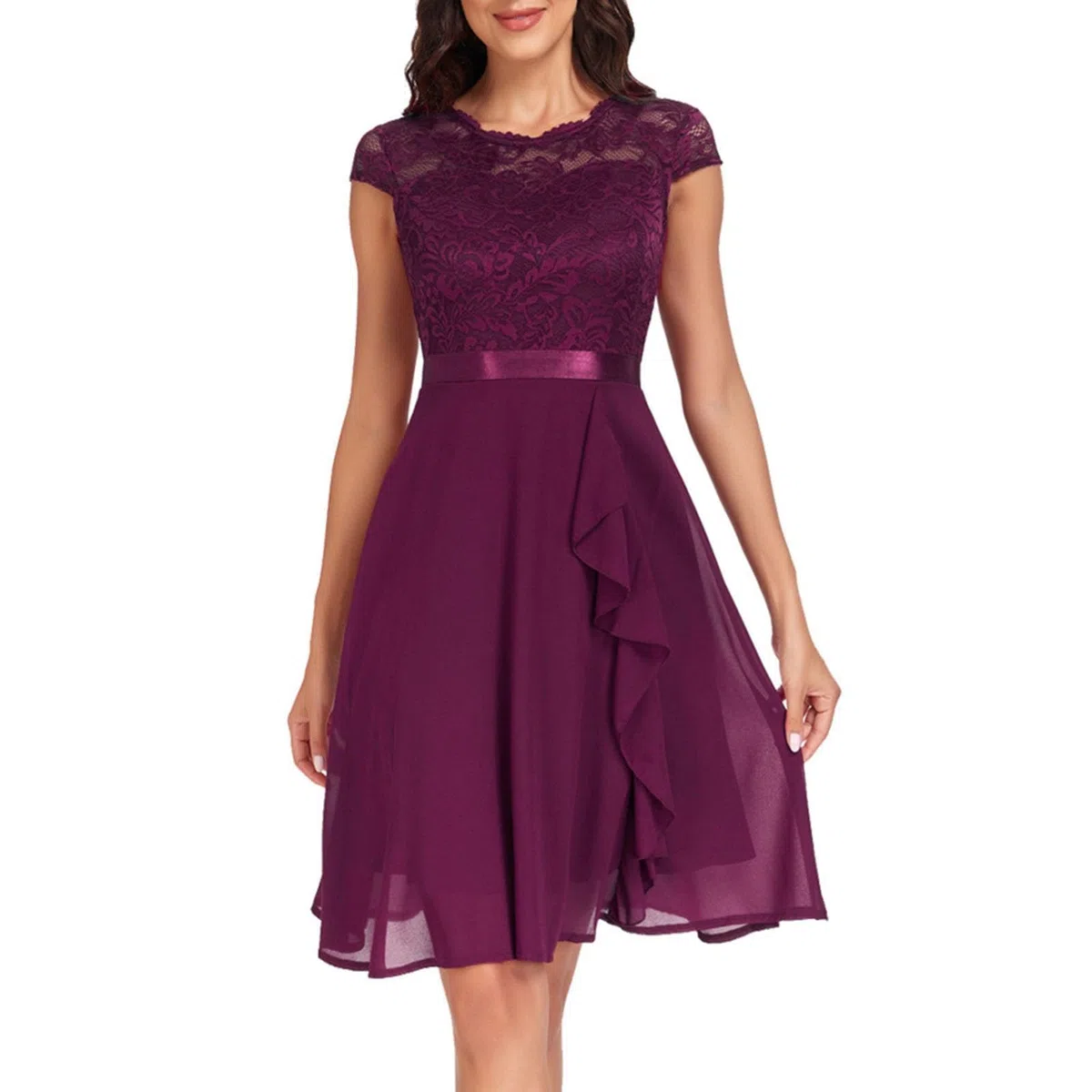 Vestido de invitado de boda para mujer, vestido de encaje elegante con manga corta, volantes, vestido de fiesta, hasta la rodilla, vestido de noche, vestido de cóctel, para boda, baile de graduación