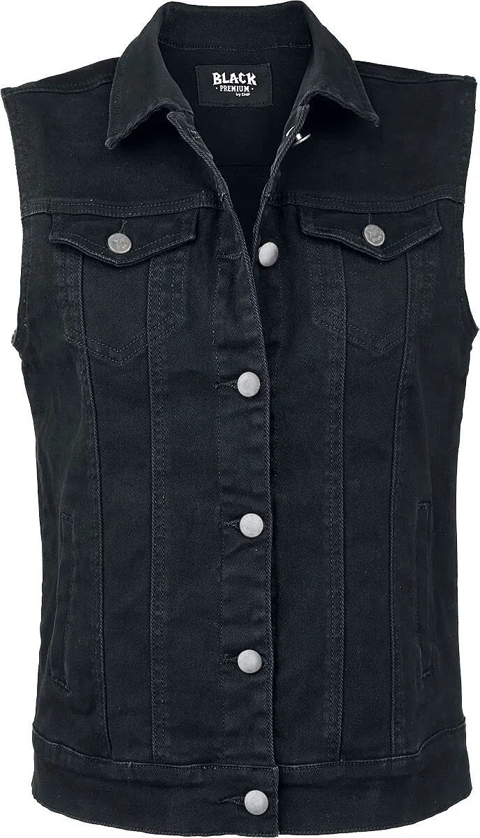 Black Premium by EMP Mujer Chaleco vaquero negro sin mangas con cuello de camisa
