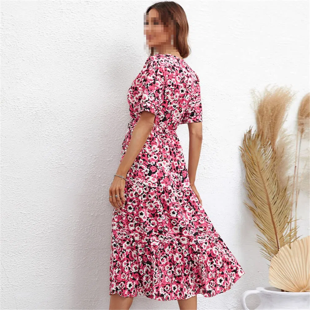 Vsadsau Vestido largo de manga corta con estampado floral para mujer, vestido de verano, oficina, fiesta, casual, acampanado, vestido midi