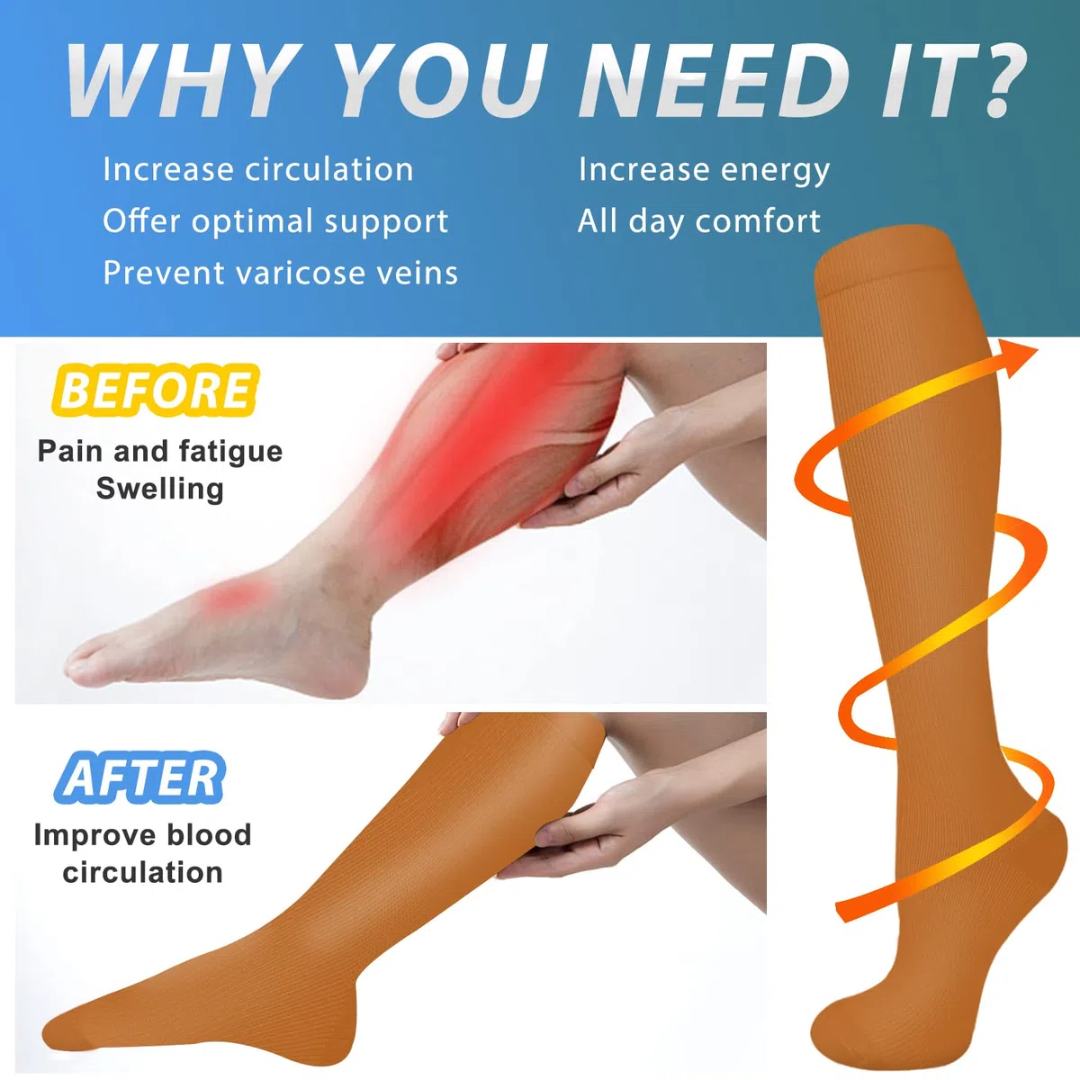 Aoliks 6 pares de calcetines de compresión para mujeres y hombres, calcetines de apoyo hasta la rodilla para enfermeras, atletismo, vuelo
