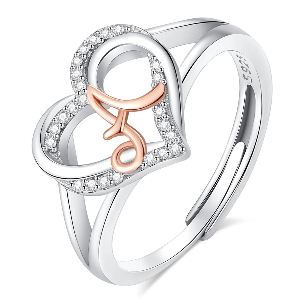 INFUSEU Anillo Iniciales, Plata de Ley 925 Anillos Abiertos Letras Forma Corazón Nombre Inicial Alfabeto A-Z Joyería Personalizada Ajustable Regalos para Mujeres Damas Niñas