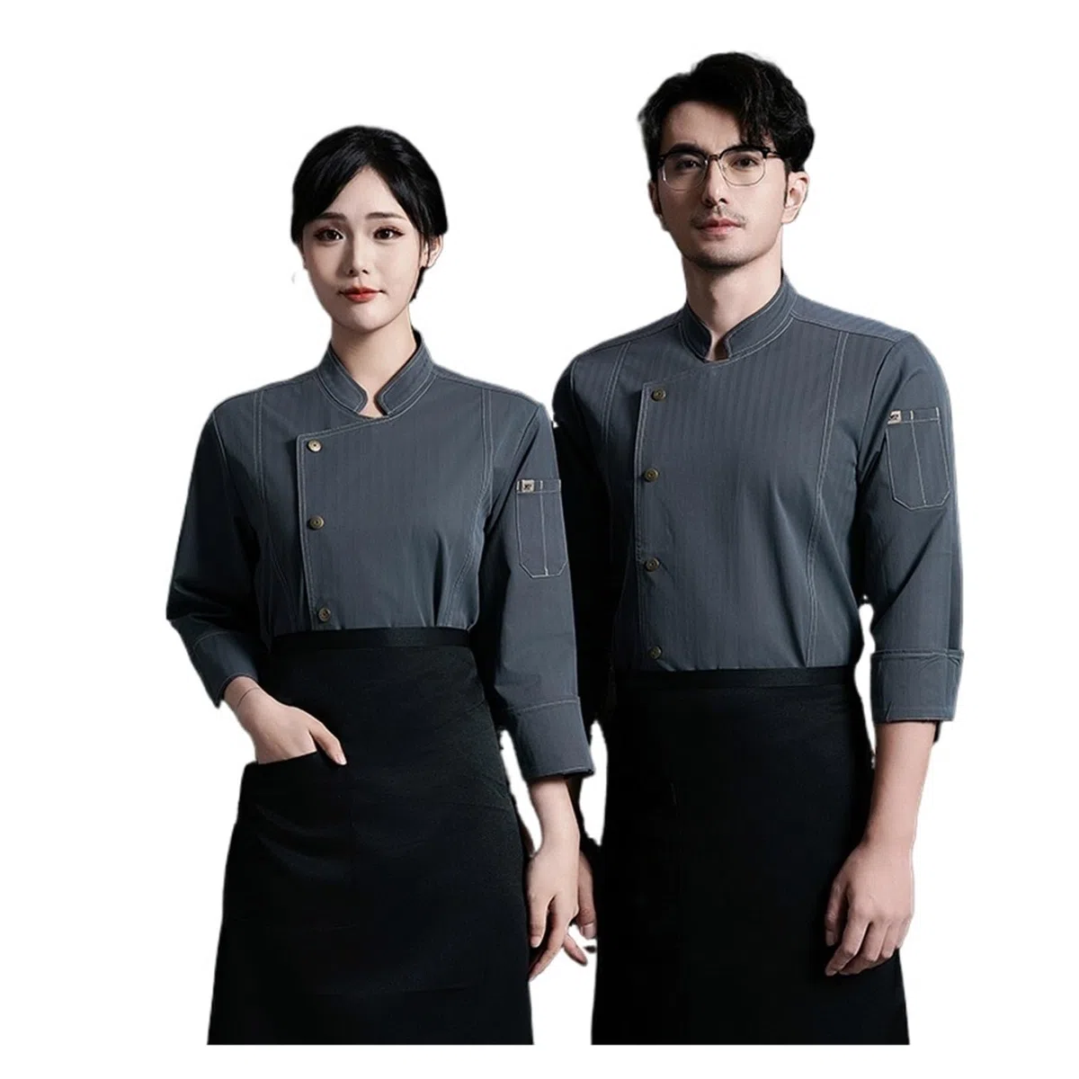 Ropa De Cocinero Chaqueta de chef de restaurante, delantal de manga larga, ropa de trabajo de cocina, cafetería, hotel, panadería, uniforme de chef, hombres, mujeres, camarero(Grey jacket Apron,XXL)