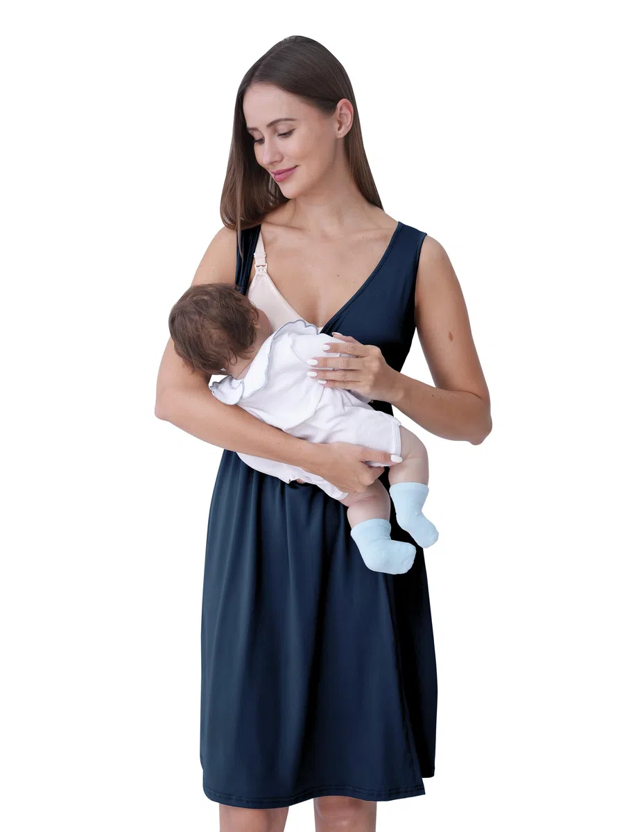 SUNNYBUY Camisón de maternidad y lactancia con bata, 2 piezas, juego de vestido de noche 3 en 1 para el parto, el parto y la lactancia, ropa de dormir hospital, azul marino, S