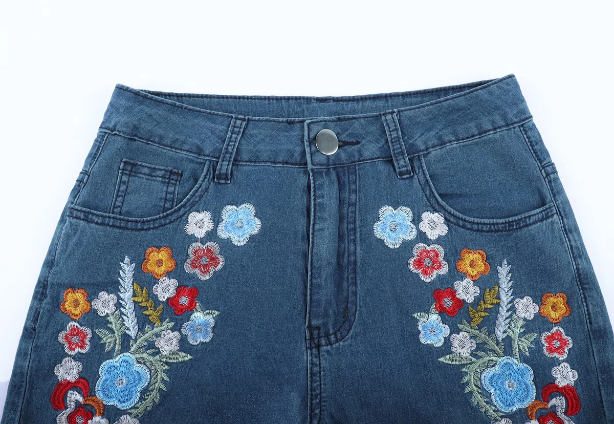 XKBHYD Ladies Embroidered Jeans Womens Wide Leg Bell Bottom Denim Pants Vintage Stretch Butt Lifting Washed Jeans