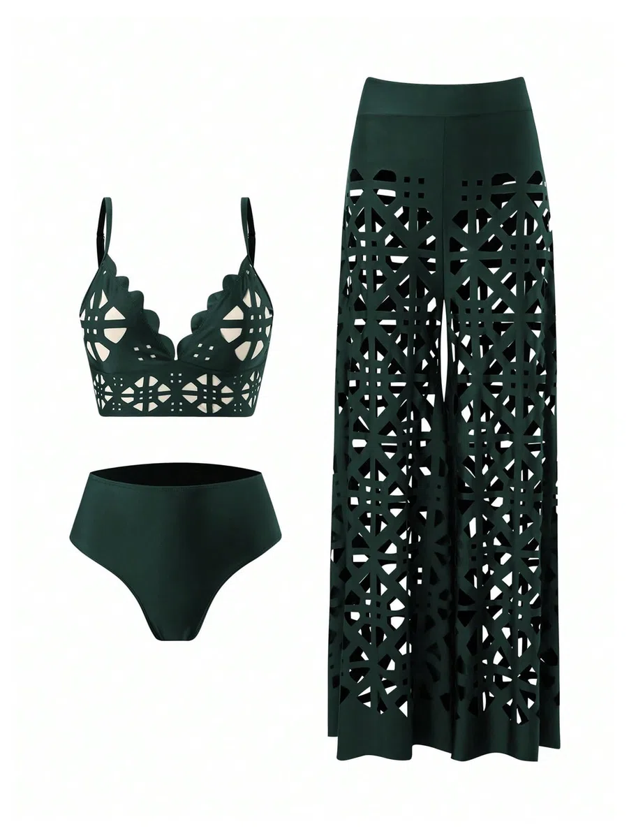 Traje de baño de 3 piezas para mujer, conjunto de bikini hueco con pantalones de cobertura, color verde, talla M