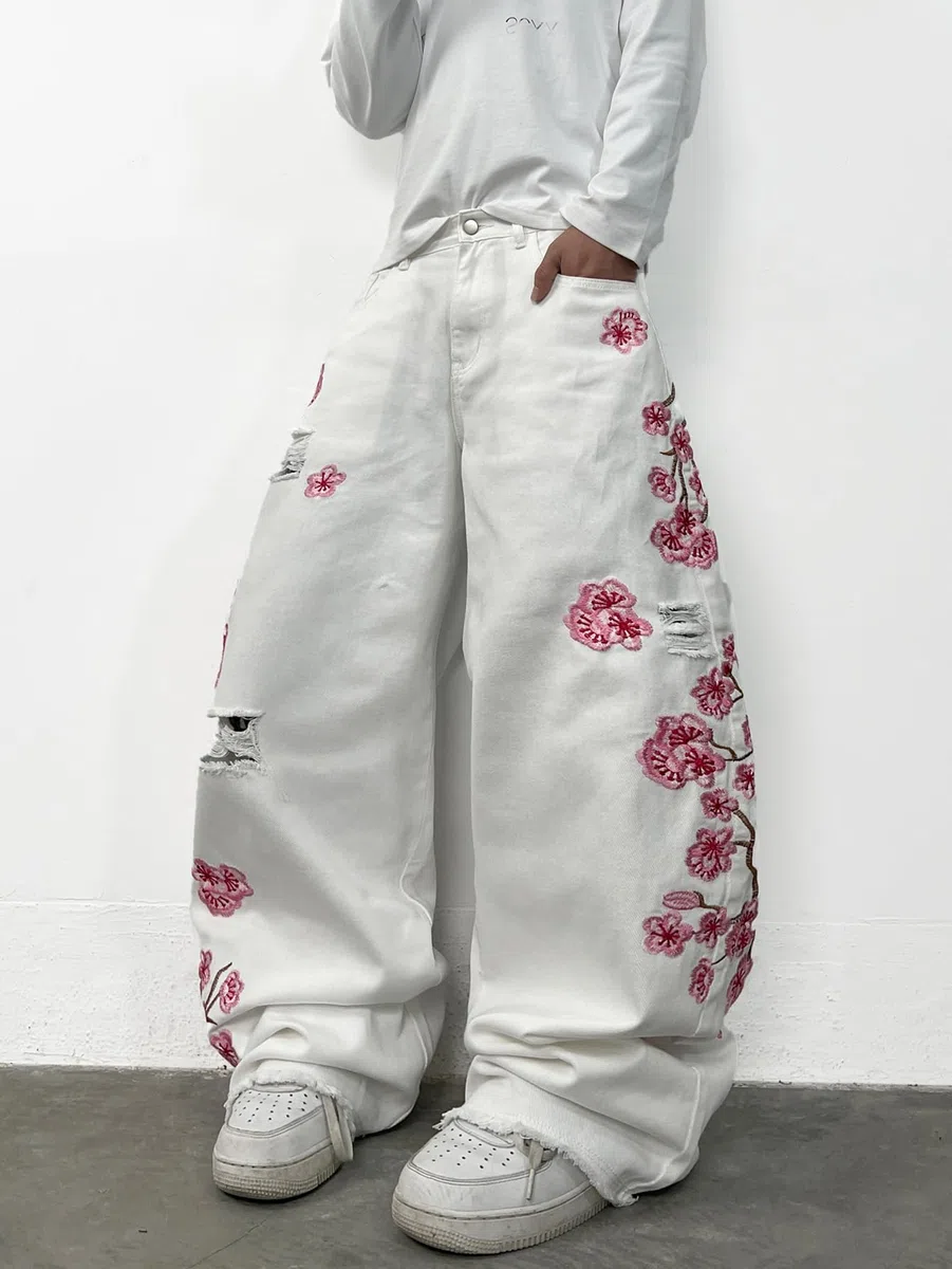 Pantalones de mezclilla holgados para hombre, estilo hip hop, bordados, pierna ancha, pantalones de mezclilla holgados