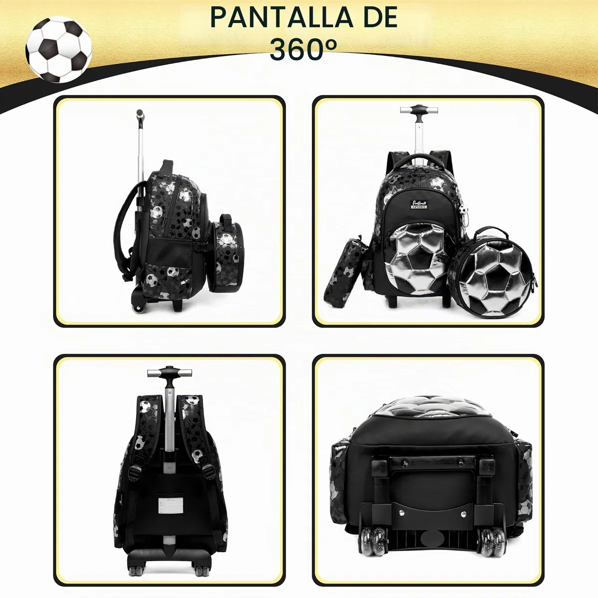 HTgroce fútbol Mochila Chico Escolar con Ruedas,Niños Trolley Escolar Estudiantes de Primaria Carros para Mochilas Bolsa de Almuerzo Estuche Escolares Equipaje de Viaje