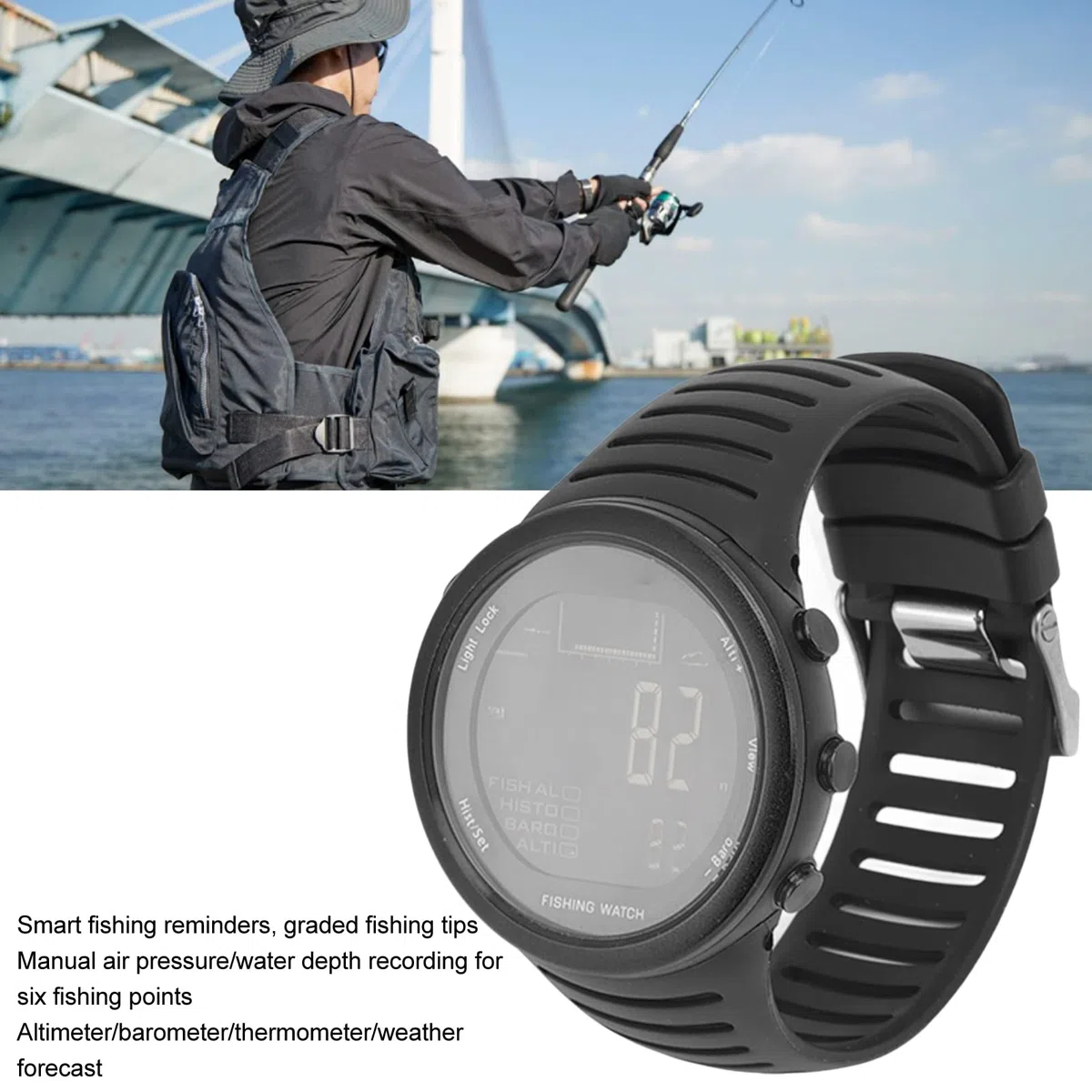 Focket Relojes de Pesca Al Aire Libre, Impermeable Multifuncional Barómetro de Pesca Ver Brújula Barómetro Temperatura del Termómetro Deporte Al Aire Libre Reloj Digital para Hombres