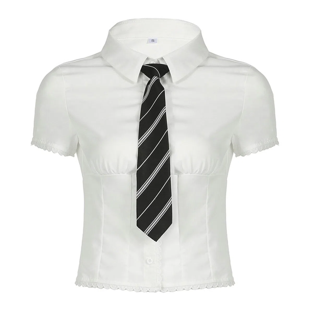 Camisa de Manga Corta con Botones y Solapa de Encaje para niñas, Top Corto versátil y Dulce Que Reduce la Edad - Blanco (Incluye Corbata) - L