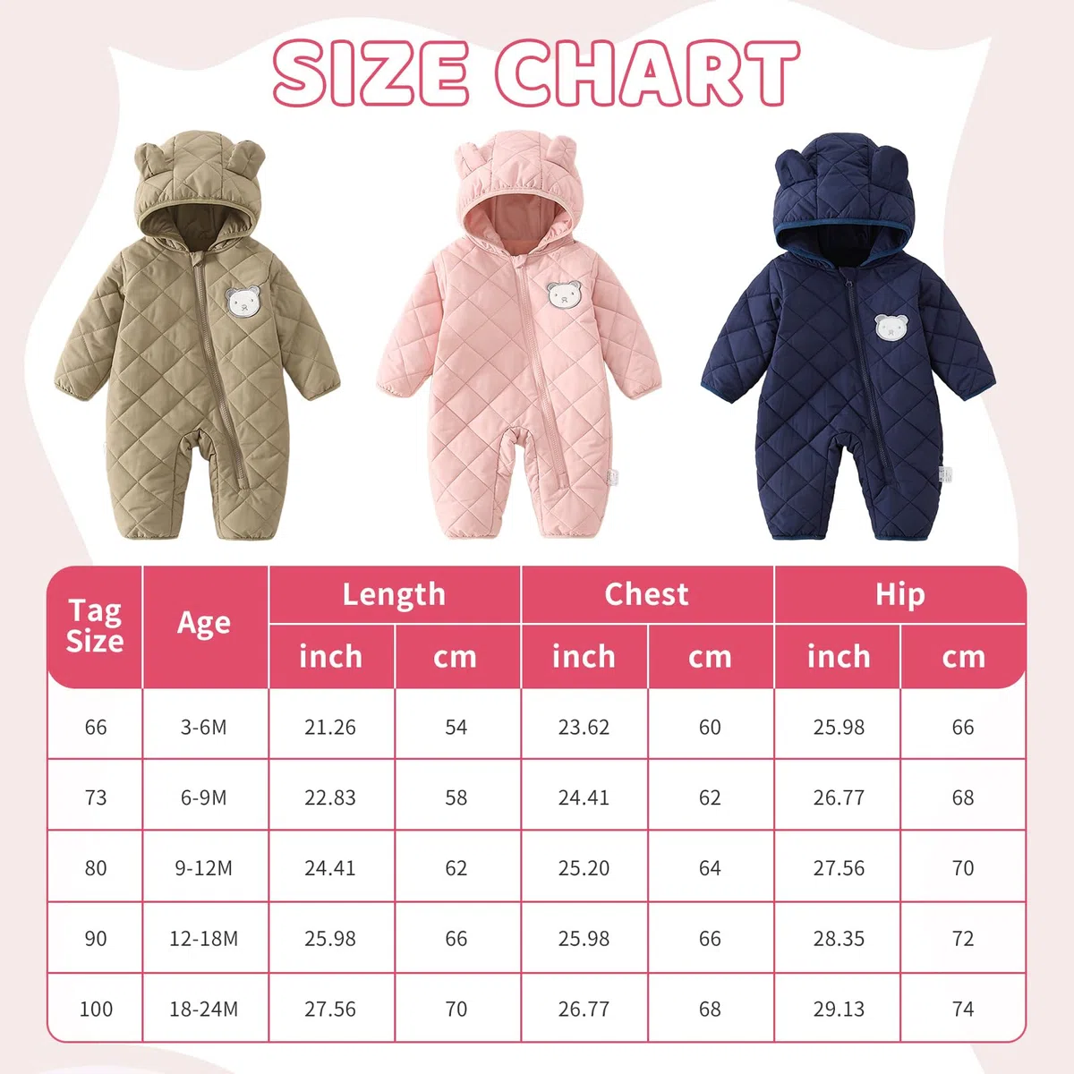 WYTbaby Traje de nieve para bebé recién nacido, mameluco de invierno con capucha para bebés y niñas de 3 a 24 meses