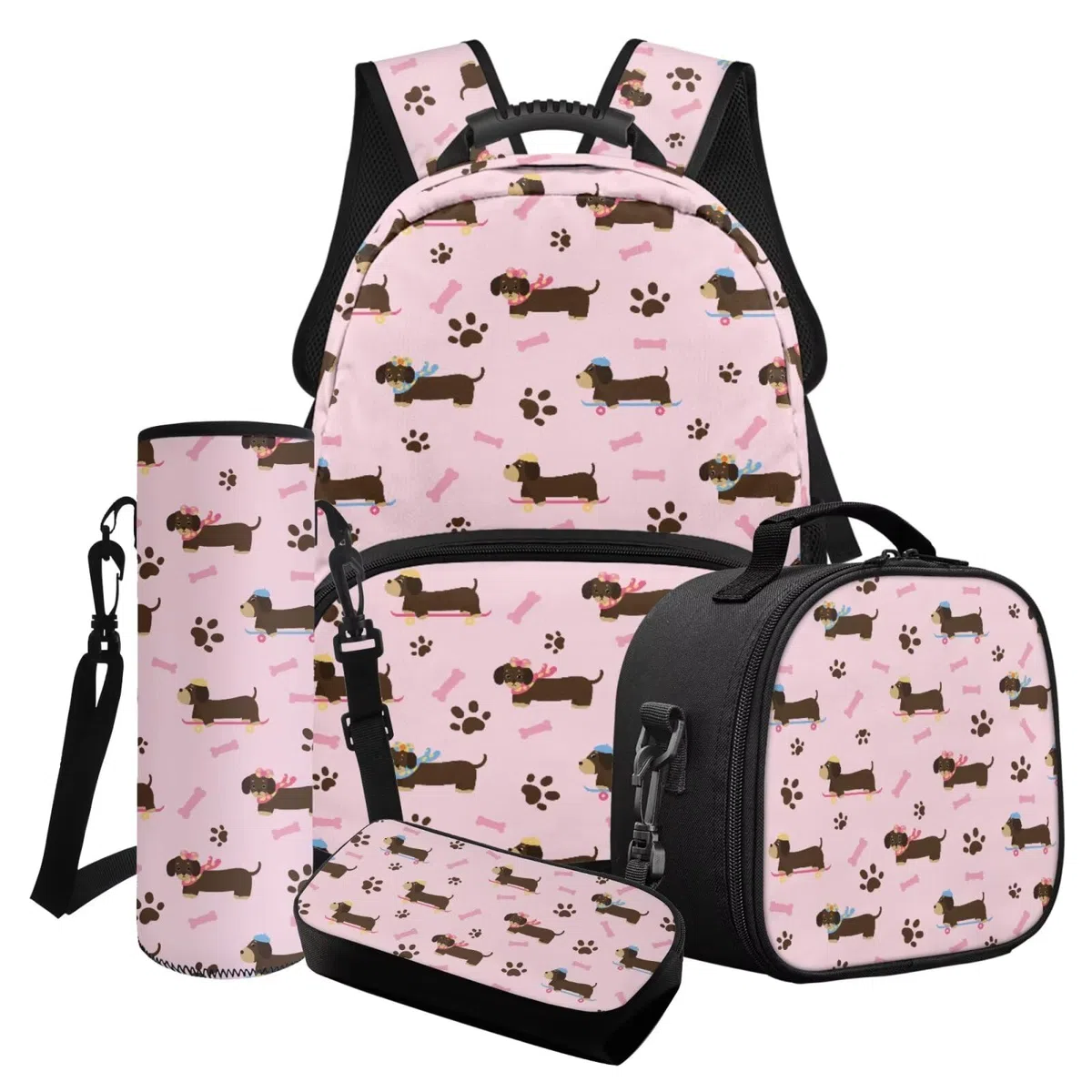 Xoenoiee Mochila escolar para niños con lonchera, estuche para lápices y soporte para botella de agua, para niños y niñas, animales lindos, Dachshund Dog Bone Paw Pink