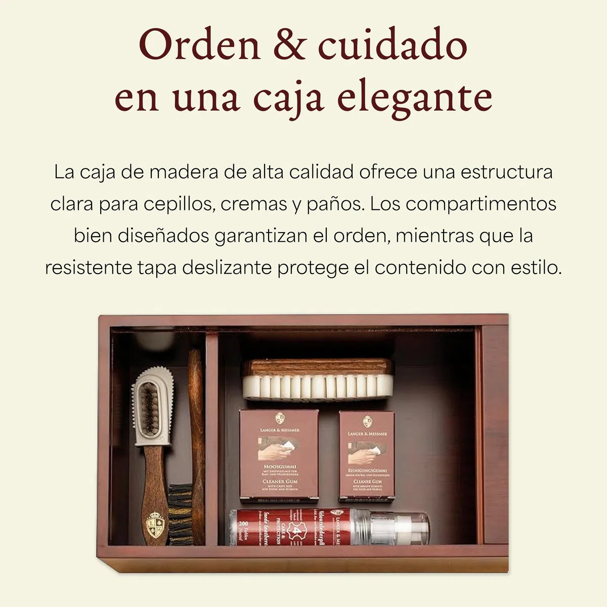 Langer & Messmer caja limpieza zapatos de alta calidad sin contenido o con set de cuidado de varias piezas con cremas para el cuidado, cepillos para zapatos y paños de algodón modelo Mannheim