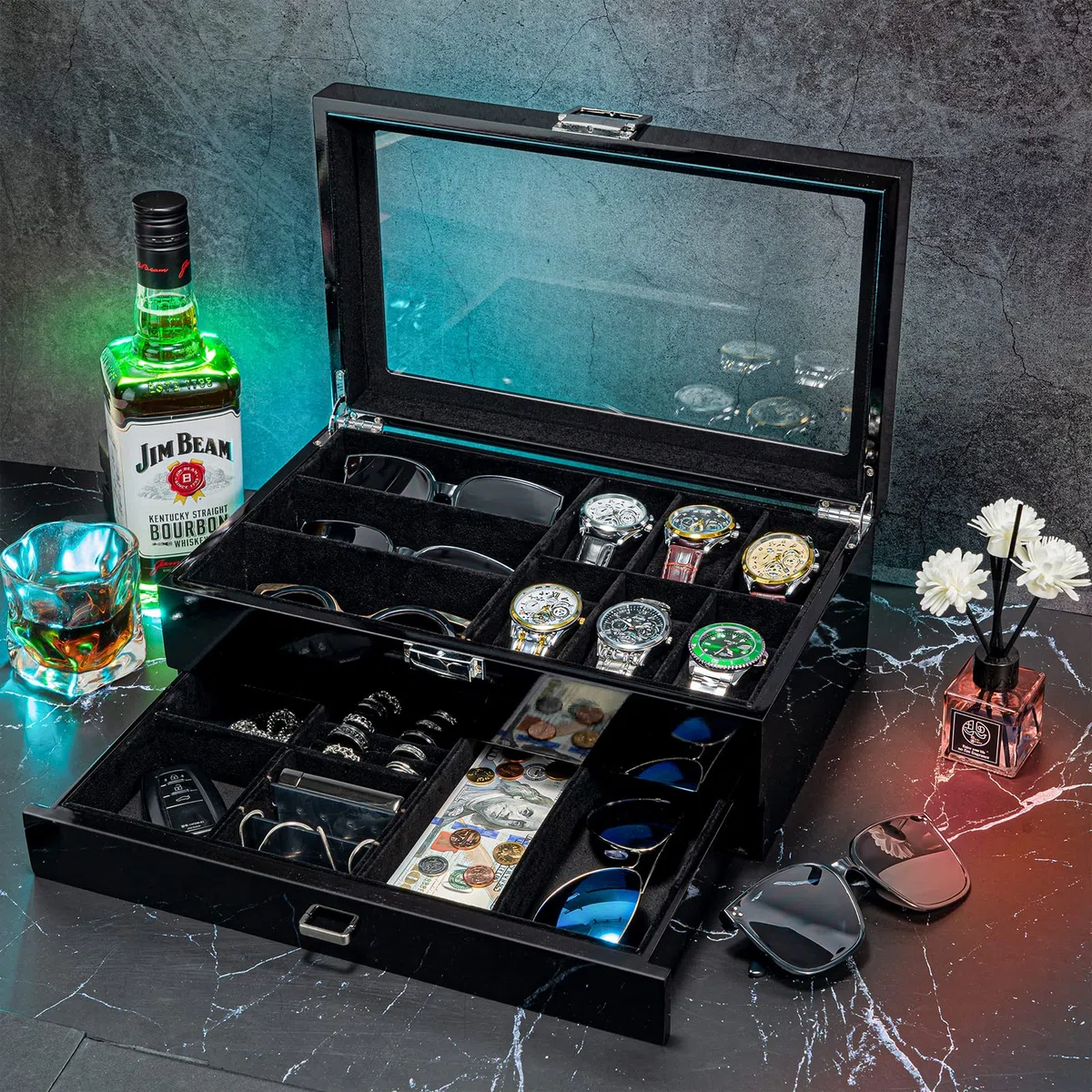 ProCase Caja para Relojes y Gafas, Estuche para Reloj y Joyero Almacenamiento con Tapa de Cristal Cajón para Anillos Pulseras -Negro