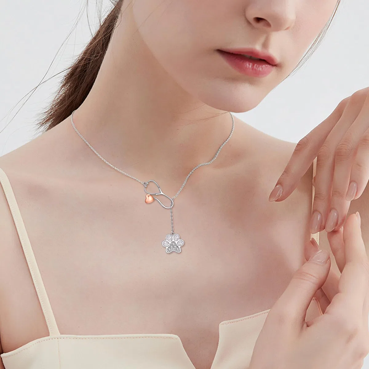Collar veterinario de plata de ley con estetoscopio de pata lariat para veterinarios, regalo para mujer, Plata esterlina