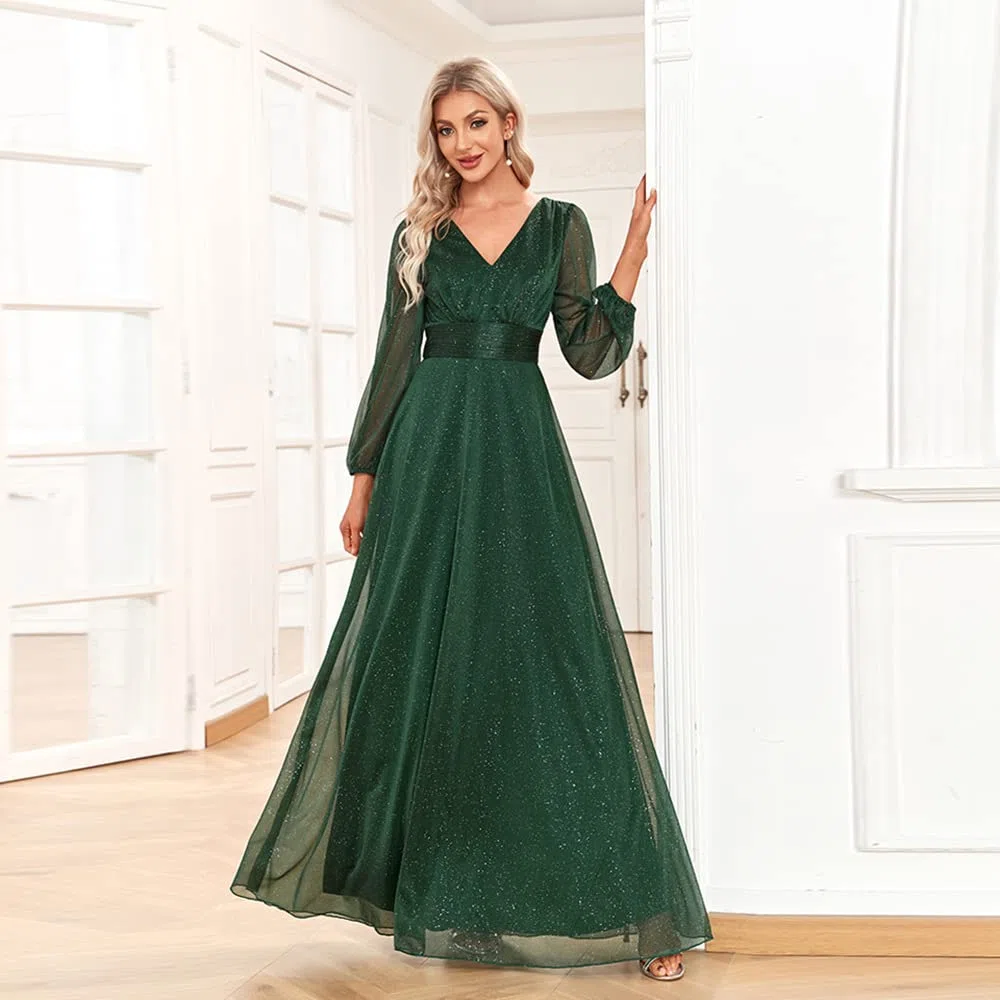 Vestido de noche para mujer, cuello en V, lentejuelas, manga larga, línea A, elegante, de gasa, vestido de fiesta, vestido de cóctel, vestido de otoño, corte ajustado, con cinturón, vestido de baile,
