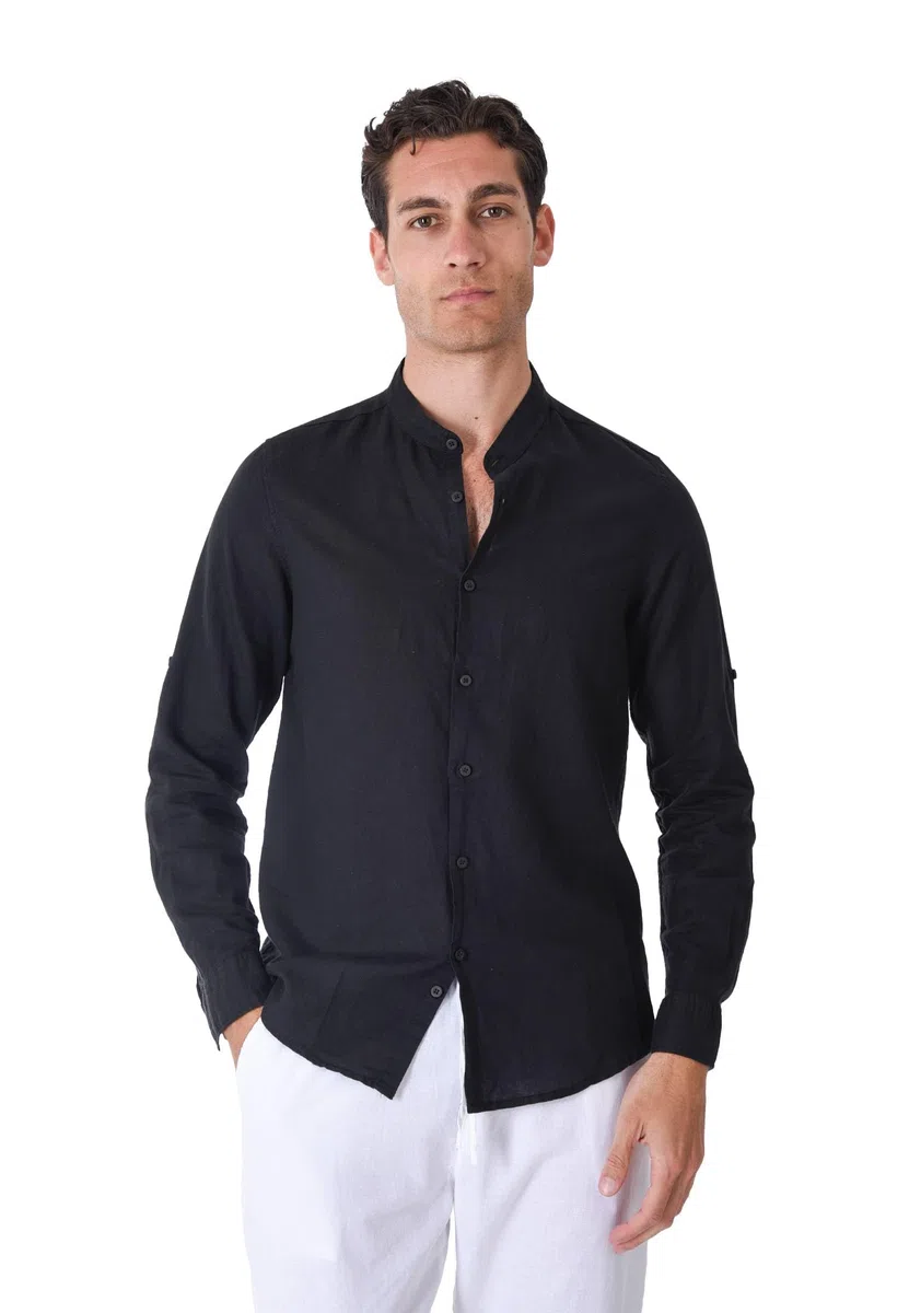 Camisa de hombre 100% lino cuello coreano blanco azul beige celeste negro rosa verde manga larga verano Slim Fit Serafino Sartorial Mangas revolables Negro XL