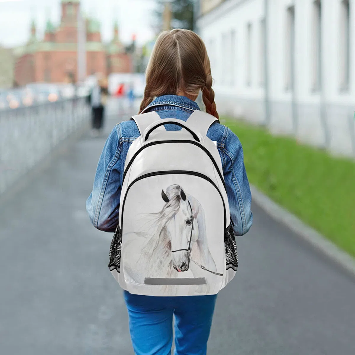 Mochila de caballo blanco para estudiantes, niños y niñas, mochila escolar de viaje, estampado 1, Taille unique