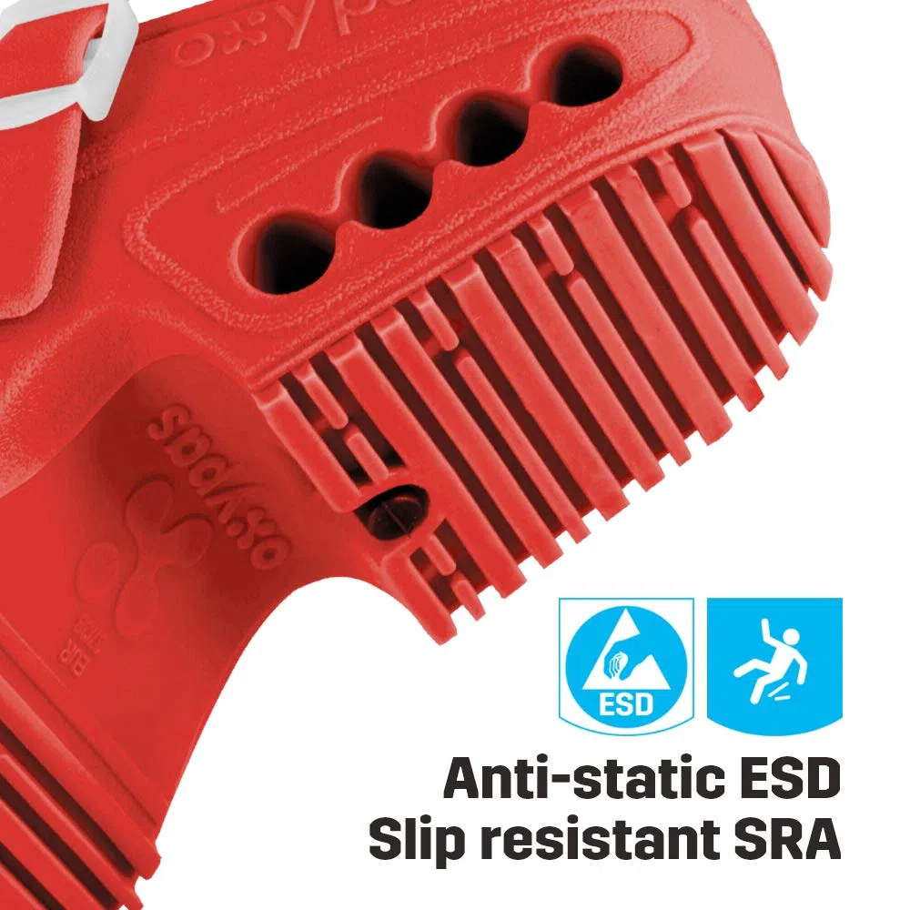 Oxypas Zapatos de Trabajo para Mujer - Antiestáticos y Antideslizantes Zapatos de Seguridad para Hombre, Zuecos Ligeros para Uso en Medicina, Cuidado y Gastro, Antibacteriano, oxyclog, Rojo, Talla