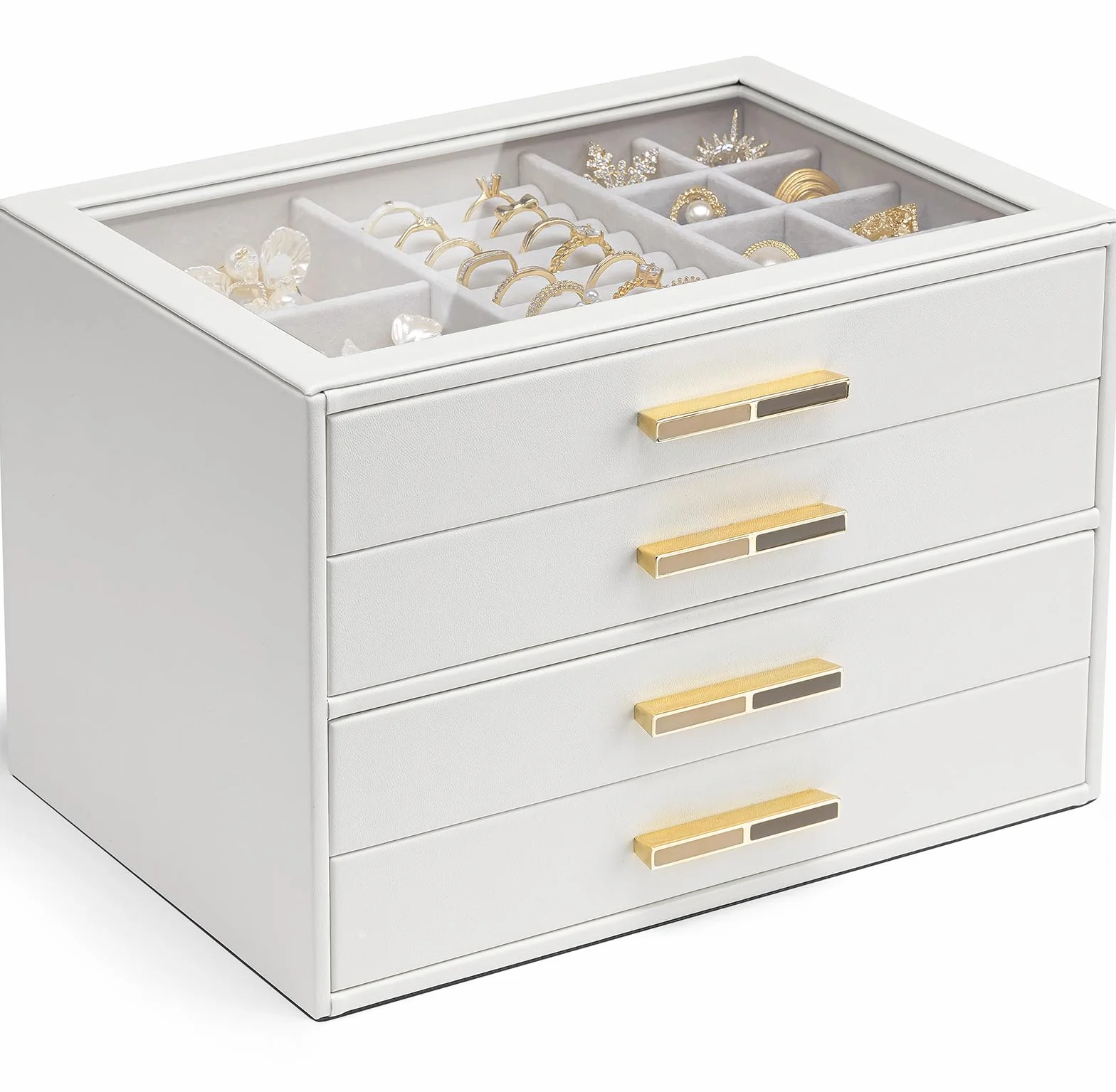 Vlando Joyero grande con 4 niveles, organizador de joyas con tapa de cristal, 4 cajones, para collares, pendientes, relojes, pulseras, almacenamiento de joyas, moderno, Cenicienta Plus, color blanco